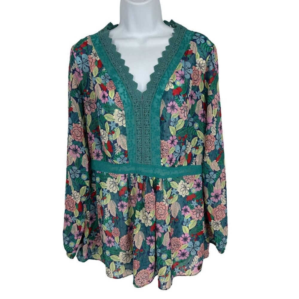 Matilda Jane Kookaburra Floral Print Crochet Trim Peasant Top Size L
